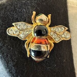Vintage Gold and Black Bee Brooch with Crystal Accents